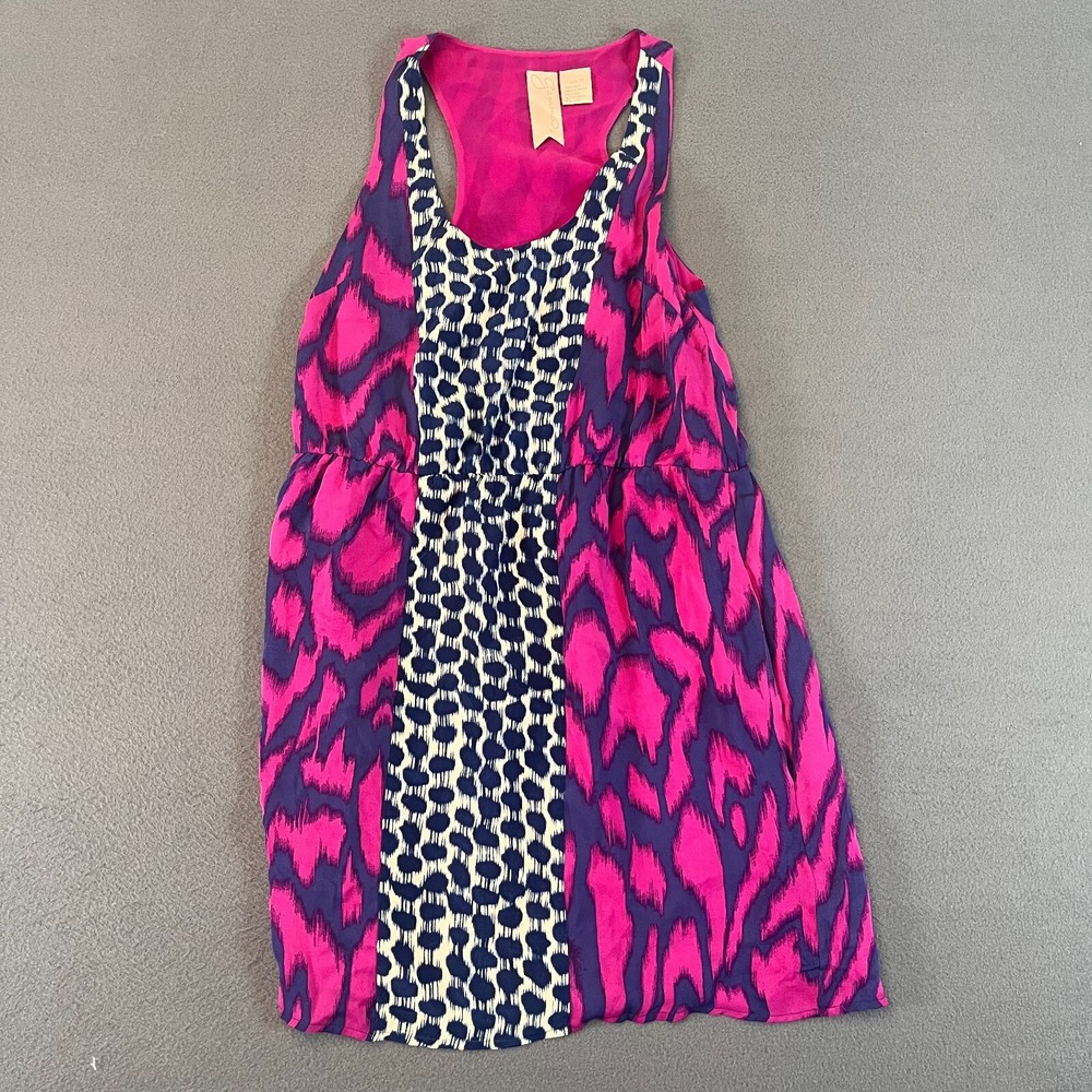 Gemma 100% Silk Dress Womens XS Gathered Waist Fuchsia‎ Purple Polka Dot Leopard